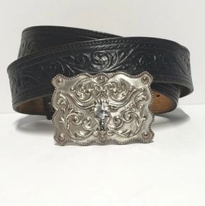 Justin Mens Classic Longhorn Black Tooled Leather Belt Longhorn Buckle